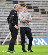 12 June 2022; Armagh coach Kieran Donaghy, left, and Armagh goalkeeper Ethan Rafferty before the GAA Football All-Ireland Senior Championship Round 2 match between between Donegal and Armagh at St Tiernach's Park in Clones, Monaghan. Photo by Ramsey Cardy/Sportsfile