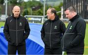 12 June 2022; Umpires Roly Black, left, Aidan Seaver and Vinny O’Hara, right, during the pitch inspection before the Cricket Ireland Inter-Provincial Trophy match between North West Warriors and Leinster Lightning at Bready Cricket Club in Tyrone. Photo by George Tewkesbury/Sportsfile
