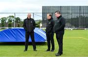 12 June 2022; Umpires Roly Black, left, Aidan Seaver and Vinny O’Hara, right, during the pitch inspection before the Cricket Ireland Inter-Provincial Trophy match between North West Warriors and Leinster Lightning at Bready Cricket Club in Tyrone. Photo by George Tewkesbury/Sportsfile