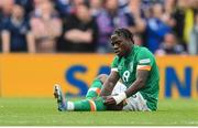 11 June 2022; Michael Obafemi of Republic of Ireland awaits medical attention during the UEFA Nations League B group 1 match between Republic of Ireland and Scotland at the Aviva Stadium in Dublin. Photo by Stephen McCarthy/Sportsfile