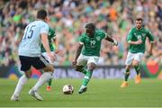 11 June 2022; Michael Obafemi of Republic of Ireland shoots to score his side's third goal during the UEFA Nations League B group 1 match between Republic of Ireland and Scotland at the Aviva Stadium in Dublin. Photo by Stephen McCarthy/Sportsfile