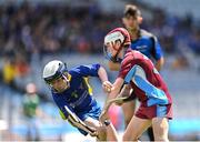 8 June 2022; Peadar Maher of St Patrick's BNS Drumcondra in action against Danny O'Donovan of St Fiachra's NS Beamount in the Corn FODH final during the Allianz Cumann na mBunscoil Hurling Finals in Croke Park, Dublin. Over 2,800 schools and 200,000 students are set to compete in the primary schools competition this year with finals taking place across the country. Allianz and Cumann na mBunscol are also gifting 500 footballs, 200 hurleys and 200 sliotars to schools across the country to welcome Ukrainian students into our national games and local communities. Photo by Piaras Ó Mídheach/Sportsfile