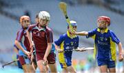 8 June 2022; Shane Bollard of St Fiachra's NS Beamount in action against Aaron Doyle of St Patrick's BNS Drumcondra in the Corn FODH final during the Allianz Cumann na mBunscoil Hurling Finals in Croke Park, Dublin. Over 2,800 schools and 200,000 students are set to compete in the primary schools competition this year with finals taking place across the country. Allianz and Cumann na mBunscol are also gifting 500 footballs, 200 hurleys and 200 sliotars to schools across the country to welcome Ukrainian students into our national games and local communities. Photo by Piaras Ó Mídheach/Sportsfile