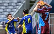 8 June 2022; St Patrick's BNS players Josh Butler, left, and Finn Magee celebrate after beating St Fiachra's NS Beamount in the Corn FODH final during the Allianz Cumann na mBunscoil Hurling Finals in Croke Park, Dublin. Over 2,800 schools and 200,000 students are set to compete in the primary schools competition this year with finals taking place across the country. Allianz and Cumann na mBunscol are also gifting 500 footballs, 200 hurleys and 200 sliotars to schools across the country to welcome Ukrainian students into our national games and local communities. Photo by Piaras Ó Mídheach/Sportsfile