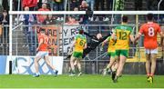 12 June 2022; Donegal goalkeeper Shaun Patton fails to stop a shot at goal by Rory Grugan of Armagh during the GAA Football All-Ireland Senior Championship Round 2 match between between Donegal and Armagh at St Tiernach's Park in Clones, Monaghan. Photo by Ramsey Cardy/Sportsfile