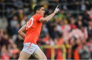 12 June 2022; Rory Grugan of Armagh celebrates after scoring his side's first goal during the GAA Football All-Ireland Senior Championship Round 2 match between between Donegal and Armagh at St Tiernach's Park in Clones, Monaghan. Photo by Seb Daly/Sportsfile