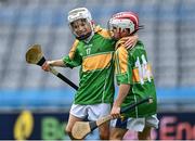 8 June 2022; Scoil Oilibheir, Coolmine, players Rian Mac Aodha Bhuí, left, and Pearse Ó hAodha celebrate during the Corn Tom Ryder against Holy Trinity SNS at the Allianz Cumann na mBunscoil Hurling Finals in Croke Park, Dublin. Over 2,800 schools and 200,000 students are set to compete in the primary schools competition this year with finals taking place across the country. Allianz and Cumann na mBunscol are also gifting 500 footballs, 200 hurleys and 200 sliotars to schools across the country to welcome Ukrainian students into our national games and local communities. Photo by Piaras Ó Mídheach/Sportsfile