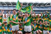 8 June 2022; Scoil Olibheir, Coolmine, captains Senan Ó Broin, left, and Riain de Búrca celebrate after beating Holy Trinity SNS in the Corn Tom Ryder final at the Allianz Cumann na mBunscoil Hurling Finals in Croke Park, Dublin. Over 2,800 schools and 200,000 students are set to compete in the primary schools competition this year with finals taking place across the country. Allianz and Cumann na mBunscol are also gifting 500 footballs, 200 hurleys and 200 sliotars to schools across the country to welcome Ukrainian students into our national games and local communities. Photo by Piaras Ó Mídheach/Sportsfile