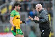 12 June 2022; Donegal manager Declan Bonner in conversation with Brendan McCole of Donegal during the GAA Football All-Ireland Senior Championship Round 2 match between between Donegal and Armagh at St Tiernach's Park in Clones, Monaghan. Photo by Ramsey Cardy/Sportsfile