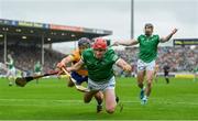 5 June 2022; Barry Nash of Limerick is tackled by David Reidy of Clare during the Munster GAA Hurling Senior Championship Final match between Limerick and Clare at FBD Semple Stadium in Thurles, Tipperary. Photo by Brendan Moran/Sportsfile