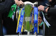 5 June 2022; Sponsors ribbons are put on the Mick Mackey cup before the Munster GAA Hurling Senior Championship Final match between Limerick and Clare at FBD Semple Stadium in Thurles, Tipperary. Photo by Brendan Moran/Sportsfile