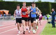 4 June 2022; Oisin McGloin of Rathmore Belfast, 889, and Gerard Dunne of Kilrush CS, Clare, 576, competing in the intermediate boys 3000m at the Irish Life Health All Ireland Schools Track and Field Championships at Tullamore in Offaly. Photo by Sam Barnes/Sportsfile