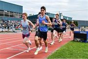 4 June 2022; Oisin McGloin of Rathmore Belfast, right, and Frank Buchanan of St Michaels Enniskillen, Fermanagh, competing in the inter boys 3000m at the Irish Life Health All Ireland Schools Track and Field Championships at Tullamore in Offaly. Photo by Sam Barnes/Sportsfile