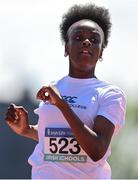 4 June 2022; Destiny Lawal of Castletroy College, Limerick, after winning the minor girls 100m at the Irish Life Health All Ireland Schools Track and Field Championships at Tullamore in Offaly. Photo by Sam Barnes/Sportsfile
