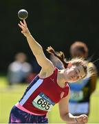 4 June 2022; Rebecca Walsh of St Declans Kilmacthomas, Waterford, competing in the junior girls shot put at the Irish Life Health All Ireland Schools Track and Field Championships at Tullamore in Offaly. Photo by Sam Barnes/Sportsfile