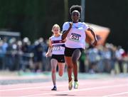 4 June 2022; Destiny Lawal of Castletroy College, Limerick, on her way to winning the minor girls 100m at the Irish Life Health All Ireland Schools Track and Field Championships at Tullamore in Offaly. Photo by Sam Barnes/Sportsfile