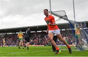 12 June 2022; Stephen Sheridan of Armagh celebrates after scoring his side's third goal during the GAA Football All-Ireland Senior Championship Round 2 match between between Donegal and Armagh at St Tiernach's Park in Clones, Monaghan. Photo by Ramsey Cardy/Sportsfile