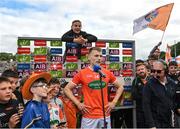 12 June 2022; Rian O'Neill of Armagh is interviewed by RTE after his side's victory in the GAA Football All-Ireland Senior Championship Round 2 match between between Donegal and Armagh at St Tiernach's Park in Clones, Monaghan. Photo by Seb Daly/Sportsfile