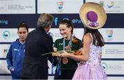 12 June 2022; Roisin Ni Riain of Ireland is presented with her bronze medal after the final of the 100m butterfly S13 class during day one of the 2022 World Para Swimming Championships at the Complexo de Piscinas Olímpicas do Funchal in Madeira, Portugal. Photo by Ian MacNicol/Sportsfile