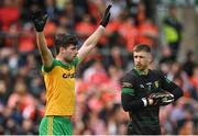 12 June 2022; Brendan McCole, left, and Donegal goalkeeper Shaun Patton during the GAA Football All-Ireland Senior Championship Round 2 match between between Donegal and Armagh at St Tiernach's Park in Clones, Monaghan. Photo by Seb Daly/Sportsfile