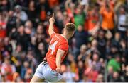 12 June 2022; Rian O'Neill of Armagh celebrates after scoring his side's second goal via a penalty during the GAA Football All-Ireland Senior Championship Round 2 match between between Donegal and Armagh at St Tiernach's Park in Clones, Monaghan. Photo by Seb Daly/Sportsfile