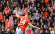 12 June 2022; Rian O'Neill of Armagh celebrates after scoring his side's second goal via a penalty during the GAA Football All-Ireland Senior Championship Round 2 match between between Donegal and Armagh at St Tiernach's Park in Clones, Monaghan. Photo by Seb Daly/Sportsfile