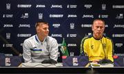 13 June 2022; Vitaliy Mykolenko, left, and manager Oleksandr Petrakov during a Ukraine press conference at LKS Stadium in Lodz, Poland. Photo by Stephen McCarthy/Sportsfile