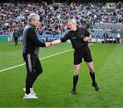 11 June 2022; Mayo manager James Horan shakes hands with linesman Fergal Kelly before the GAA Football All-Ireland Senior Championship Round 2 match between Mayo and Kildare at Croke Park in Dublin. Photo by Ray McManus/Sportsfile