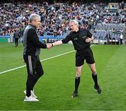 11 June 2022; Mayo manager James Horan shakes hands with linesman Fergal Kelly before the GAA Football All-Ireland Senior Championship Round 2 match between Mayo and Kildare at Croke Park in Dublin. Photo by Ray McManus/Sportsfile