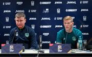 13 June 2022; Manager Stephen Kenny, left, and James McClean during a Republic of Ireland press conference at LKS Stadium in Lodz, Poland. Photo by Stephen McCarthy/Sportsfile