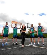 15 June 2022; TG4 presenter Máire Treasa Ní Cheallaigh with Ireland internationals, from left, Jordan Blount, CJ Fulton, Sean Flood and John Carroll at the National Basketball Arena for the announcement that TG4 will broadcast three FIBA EuroBasket games this year, the senior men's double header with Austria and Switzerland on June 30th and July 3rd, and the senior women's fixture against the Netherlands on November 27th. Photo by Eóin Noonan/Sportsfile