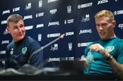 13 June 2022; Manager Stephen Kenny, left, and James McClean during a Republic of Ireland press conference at LKS Stadium in Lodz, Poland. Photo by Stephen McCarthy/Sportsfile