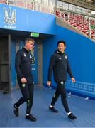 13 June 2022; Manager Stephen Kenny, left, and coach Keith Andrews arrive for a Republic of Ireland training session at LKS Stadium in Lodz, Poland. Photo by Stephen McCarthy/Sportsfile