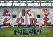13 June 2022; Manager Stephen Kenny talks to his players during a Republic of Ireland training session at LKS Stadium in Lodz, Poland. Photo by Stephen McCarthy/Sportsfile