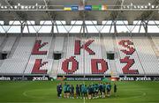 13 June 2022; Manager Stephen Kenny speaks to his players during a Republic of Ireland training session at LKS Stadium in Lodz, Poland. Photo by Stephen McCarthy/Sportsfile