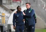 13 June 2022; Michael Obafemi and Kieran Crowley, FAI communications manager, during a Republic of Ireland training session at LKS Stadium in Lodz, Poland. Photo by Stephen McCarthy/Sportsfile