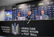 13 June 2022; Manager Stephen Kenny with James McClean, right, and Kieran Crowley, FAI communications manager, during a Republic of Ireland press conference at LKS Stadium in Lodz, Poland. Photo by Stephen McCarthy/Sportsfile