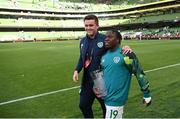 11 June 2022; Man of the match Michael Obafemi of Republic of Ireland with FAI communications manager Kieran Crowley after the UEFA Nations League B group 1 match between Republic of Ireland and Scotland at the Aviva Stadium in Dublin. Photo by Stephen McCarthy/Sportsfile