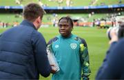 11 June 2022; Man of the match Michael Obafemi of Republic of Ireland is interviewed by FAI TV after the UEFA Nations League B group 1 match between Republic of Ireland and Scotland at the Aviva Stadium in Dublin. Photo by Stephen McCarthy/Sportsfile