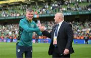 11 June 2022; Republic of Ireland manager Stephen Kenny is congratulated by Alan McQuillan of Pulse Security after the UEFA Nations League B group 1 match between Republic of Ireland and Scotland at the Aviva Stadium in Dublin. Photo by Stephen McCarthy/Sportsfile