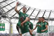 11 June 2022; Michael Obafemi of Republic of Ireland celebrates with team-mate Jayson Molumby, 15, after scoring their side's third goal during the UEFA Nations League B group 1 match between Republic of Ireland and Scotland at the Aviva Stadium in Dublin. Photo by Stephen McCarthy/Sportsfile