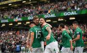 11 June 2022; Republic of Ireland players, from left, Jayson Molumby, Nathan Collins and Shane Duffy celebrate after Alan Browne scored their opening goal during the UEFA Nations League B group 1 match between Republic of Ireland and Scotland at the Aviva Stadium in Dublin. Photo by Stephen McCarthy/Sportsfile