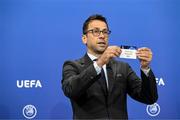 14 June 2022; UEFA Head of Club Competitions & Calendar Tobias Hedtstück draws out the card of Shamrock Rovers FC during the UEFA Champions League 2022/23 First Qualifying Round draw at the UEFA headquarters, in Nyon, Switzerland. Photo by Kristian Skeie - UEFA via Sportsfile