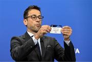 14 June 2022; UEFA Head of Club Competitions & Calendar Tobias Hedtstück draws out the card of Shamrock Rovers FC during the UEFA Champions League 2022/23 First Qualifying Round draw at the UEFA headquarters, in Nyon, Switzerland. Photo by Kristian Skeie - UEFA via Sportsfile