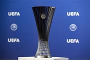 14 June 2022; A view of the UEFA Europa Conference League trophy during the UEFA Europa Conference League 2022/23 First Qualifying Round draw is displayed on the screen at the UEFA headquarters, The House of European Football, in Nyon, Switzerland. Photo by Kristian Skeie - UEFA via Sportsfile