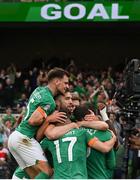 11 June 2022; Republic of Ireland players, including Jayson Molumby, left, Shane Duffy and Jason Knight, 17, celebrate after Alan Browne scored their opening goal during the UEFA Nations League B group 1 match between Republic of Ireland and Scotland at the Aviva Stadium in Dublin. Photo by Stephen McCarthy/Sportsfile