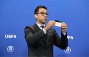 14 June 2022; UEFA Head of Club Competitions & Calendar Tobias Hedtstück draws out the card of '7' during the UEFA Europa Conference League 2022/23 First Qualifying Round draw at the UEFA headquarters, The House of European Football, in Nyon, Switzerland. Photo by Kristian Skeie - UEFA via Sportsfile