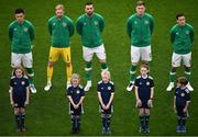 11 June 2022; Republic of Ireland players, from left, John Egan, Caoimhin Kelleher, Shane Duffy, Nathan Collins and Josh Cullen before the UEFA Nations League B group 1 match between Republic of Ireland and Scotland at the Aviva Stadium in Dublin. Photo by Ben McShane/Sportsfile