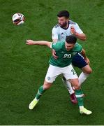 11 June 2022; Scott Hogan of Republic of Ireland and Grant Hanley of Scotland during the UEFA Nations League B group 1 match between Republic of Ireland and Scotland at the Aviva Stadium in Dublin. Photo by Ben McShane/Sportsfile
