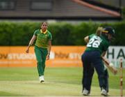 14 June 2022; Shabnim Ismail of South Africa bowls out Alana Dalzell of Ireland during the Women's one day international match between Ireland and South Africa at Clontarf Cricket Club in Dublin. Photo by George Tewkesbury/Sportsfile